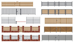 Vektorillustration von verschiedenen Metall- und Holzzäunen und Toren in unterschiedlichen Ausführungen