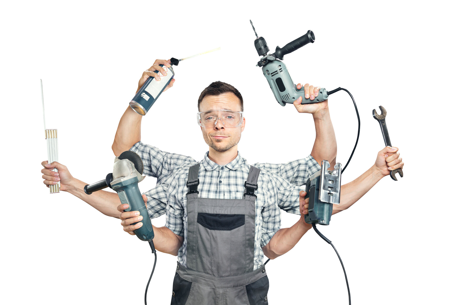 Lustiges Porträt eines Handwerkers mit sechs Armen und Werkzeugen in jeder Hand. 