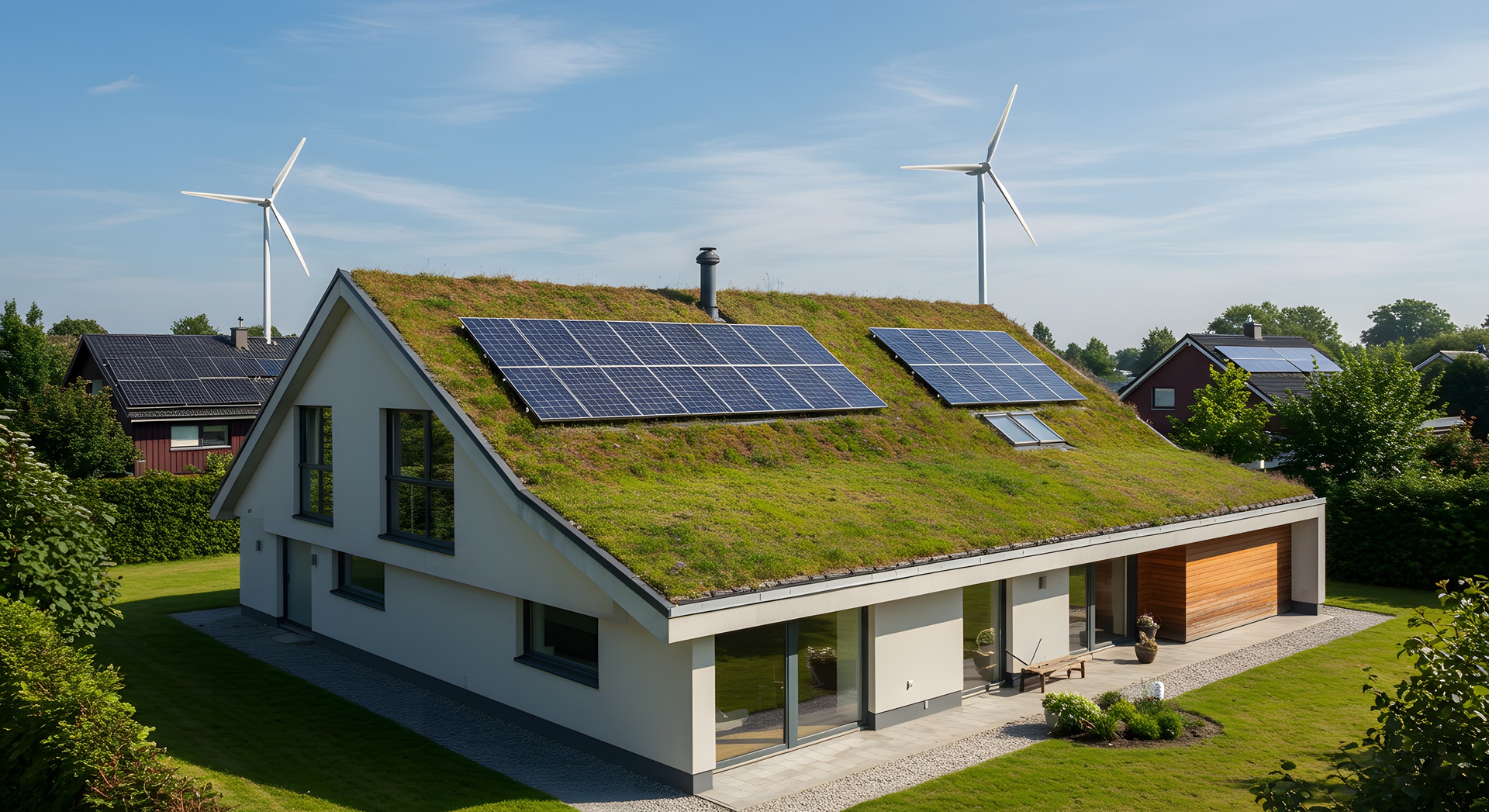 Haus mit Solarzellen und Gruendach | Dachbegruenung