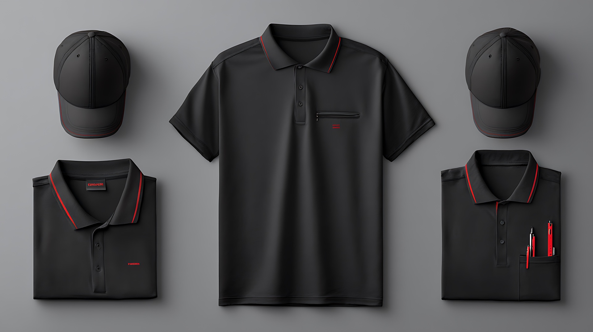 Edles Polo-Set in Schwarz mit roten Details | Arbeitskleidung bedrucken